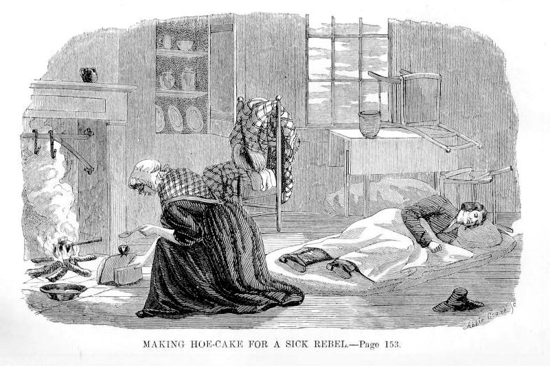  After spending several days suffering from malaria in the swamps around the Chickahominy River, Emma crawled to an abandoned cabin and found a dying rebel soldier there. Disguised as an Irish peddler with a very bad accent, she nursed him and talked