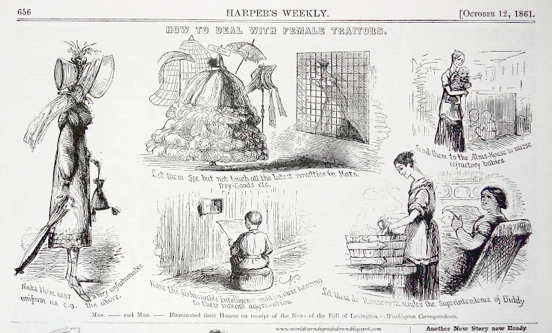  This Harper’s Weekly cartoon completely belittles women and their spy work, while also making it clear that they were a very common occurrence.   Wikicommons  
