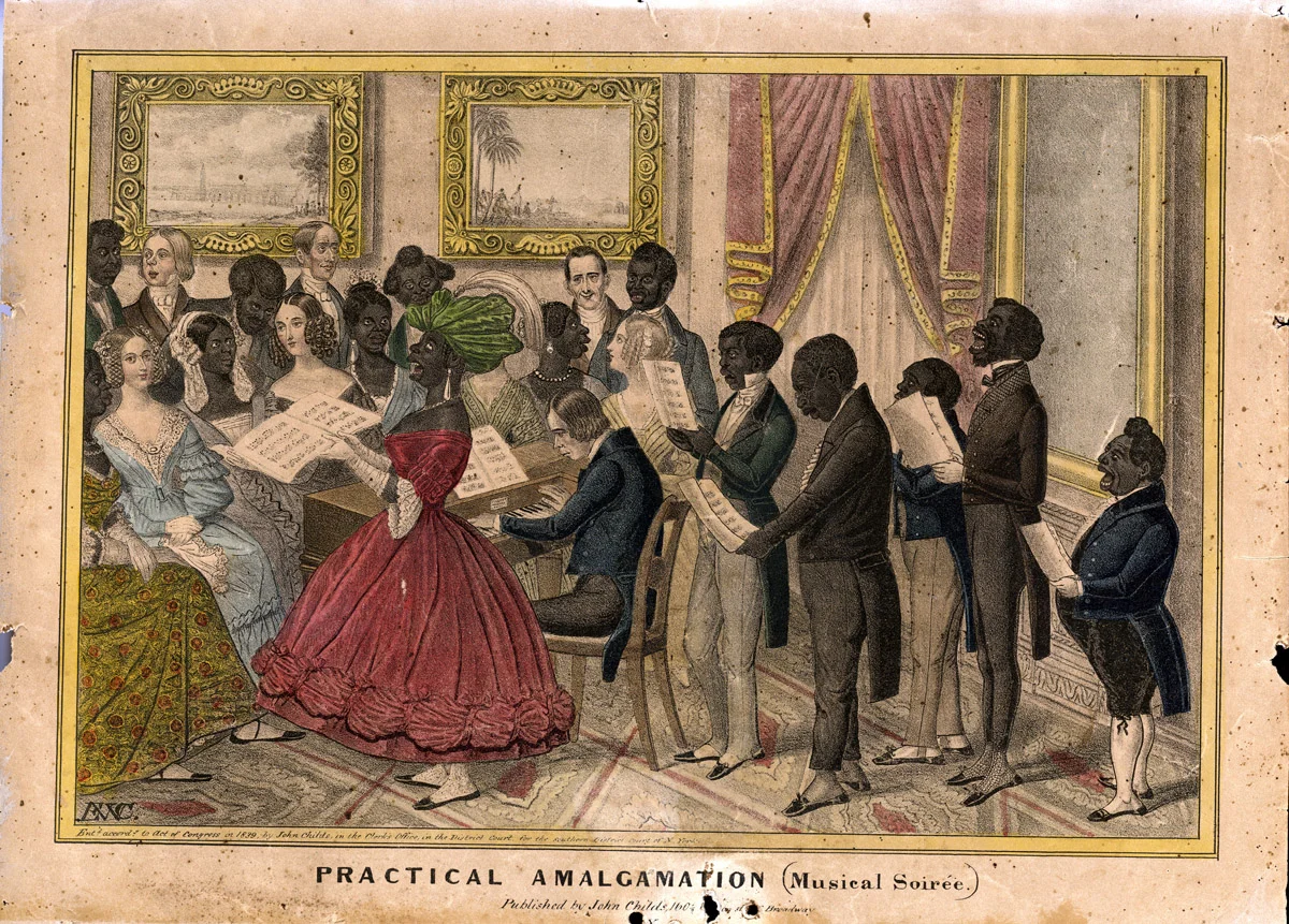  Amalgamation - the idea of combining white and black people socially - was something that Southerners both made fun of and feared.   Courtesy of the American Antiquarian Society  