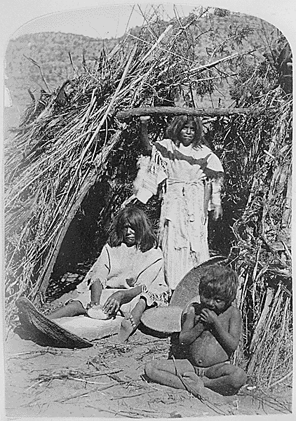A Paiute woman grinding seeds in the doorway of thatched hut in the 1870s. Hard work all around. Courtesy of the National Archives and Records Administration.