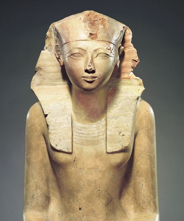  An early bust of Hatshepsut, where she wears royal kingly headdress, but also isn’t afraid to have her lady bits included in her image.   Courtesy of the Metropolitan Museum of Art  