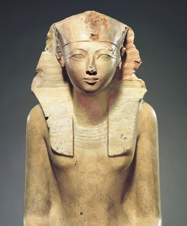 An early bust of Hatshepsut, where she wears royal kingly headdress, but also isn’t afraid to have her lady bits included in her image. Courtesy of the Metropolitan Museum of Art