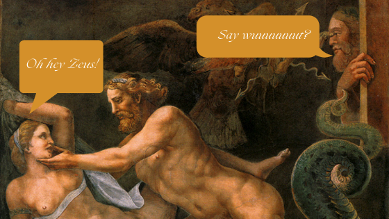 Jupiter Seducing Olympias by Giolio Romano. I’ve cropped out the very anatomically correct bait and tackle Zeus has going on.
