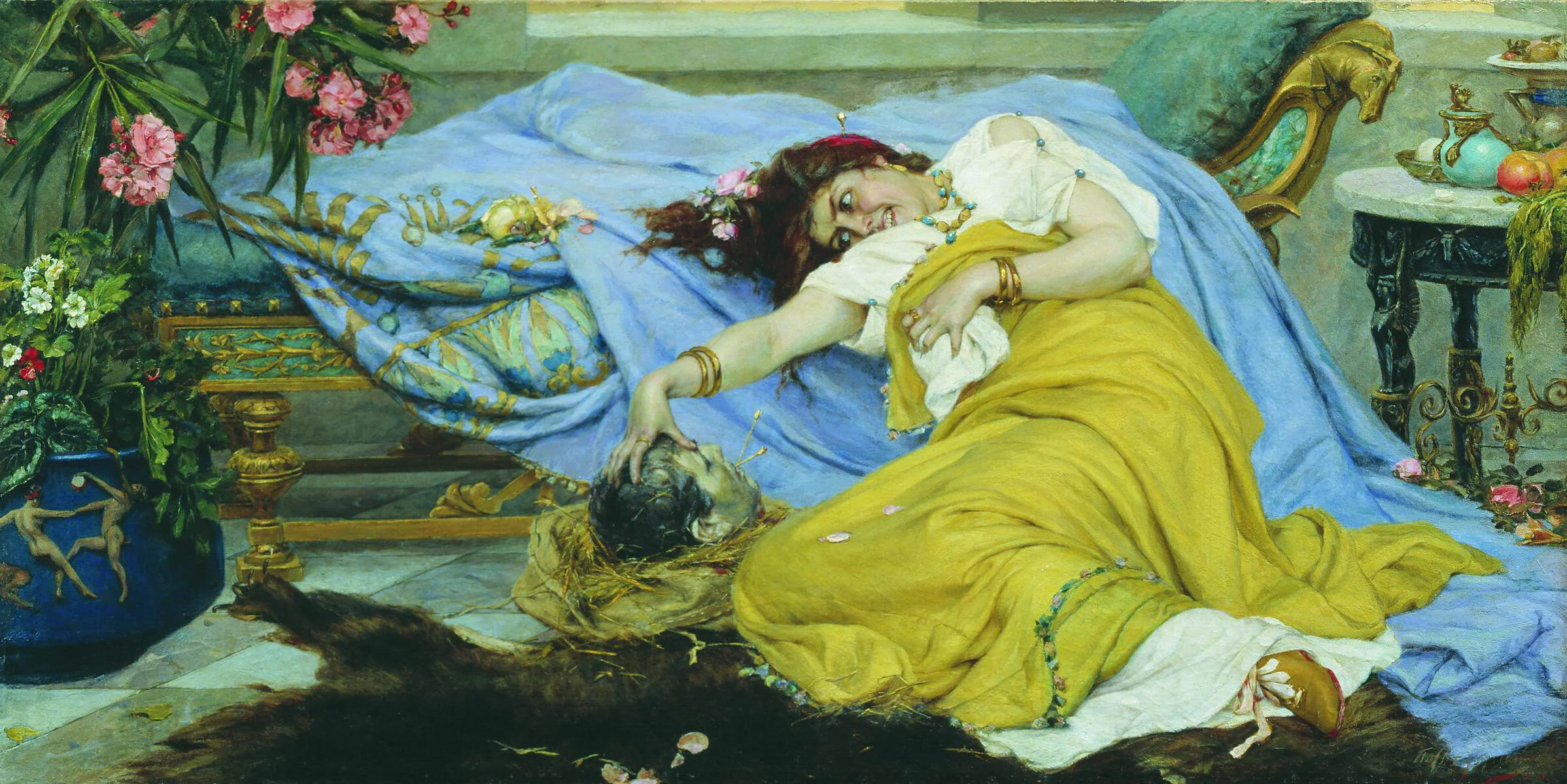 “Oh, wait, what’s that? You’re sorry for being such an ass hat? Well that’s too bad, because you’re dead as hell.” (Fulvia, probably). Fulvia with the head of Cicero by Pavel Svedomskiy. Wikicommons.