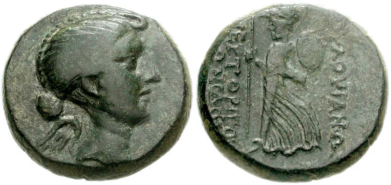 Fulvia is the first living Roman woman that has been found on a coin. This coin is from Eumeneia in Phrygia, a small Greek city that changed its name to “Fulvia” to honor her and Antony. Wikicommons.