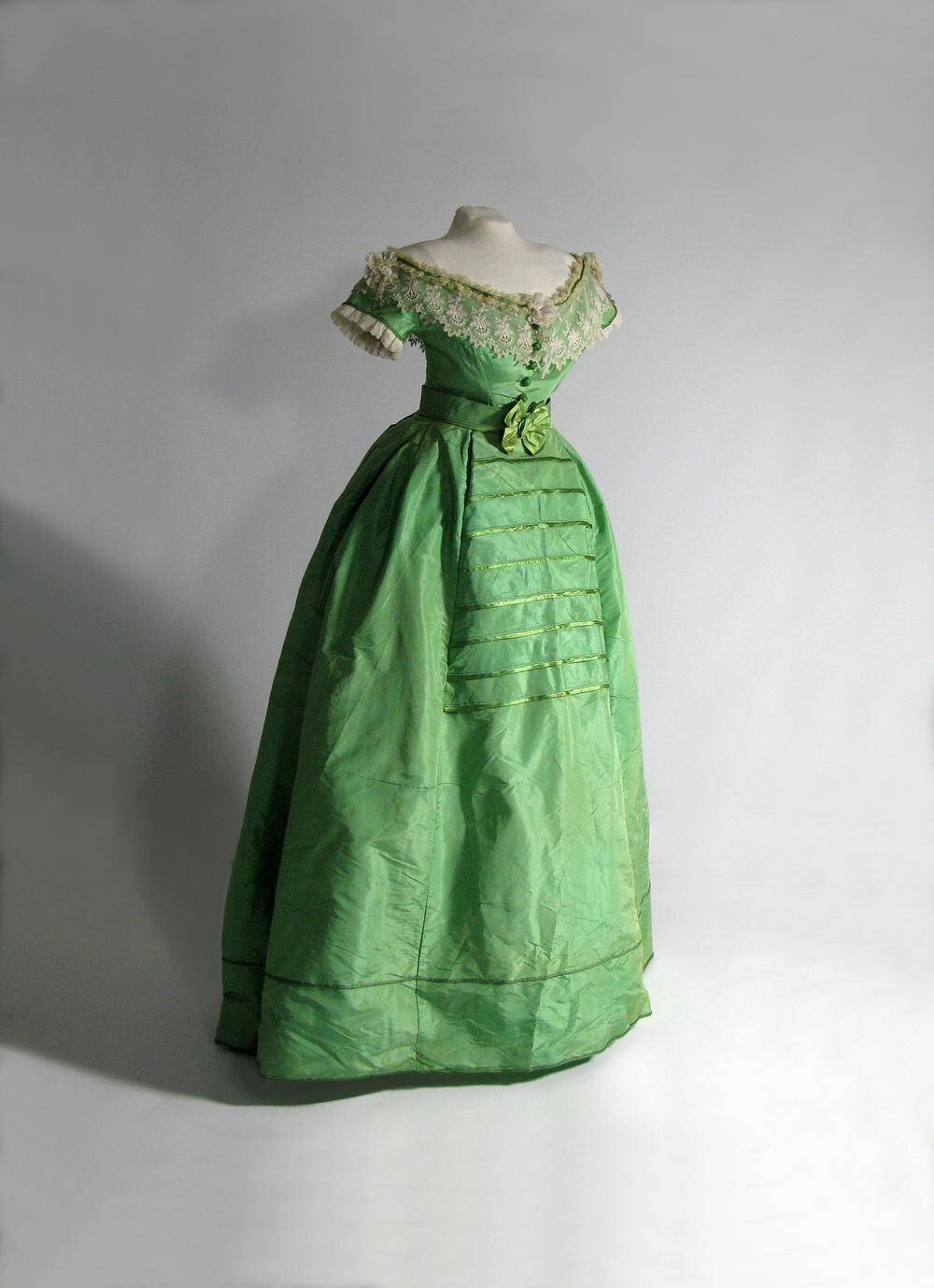 The first color-fast green arsenic dye is present in many items in the Bata Shoe Museum exhibit, including this 1860s ball gown. Bata Shoe Museum/Arnold Matthews