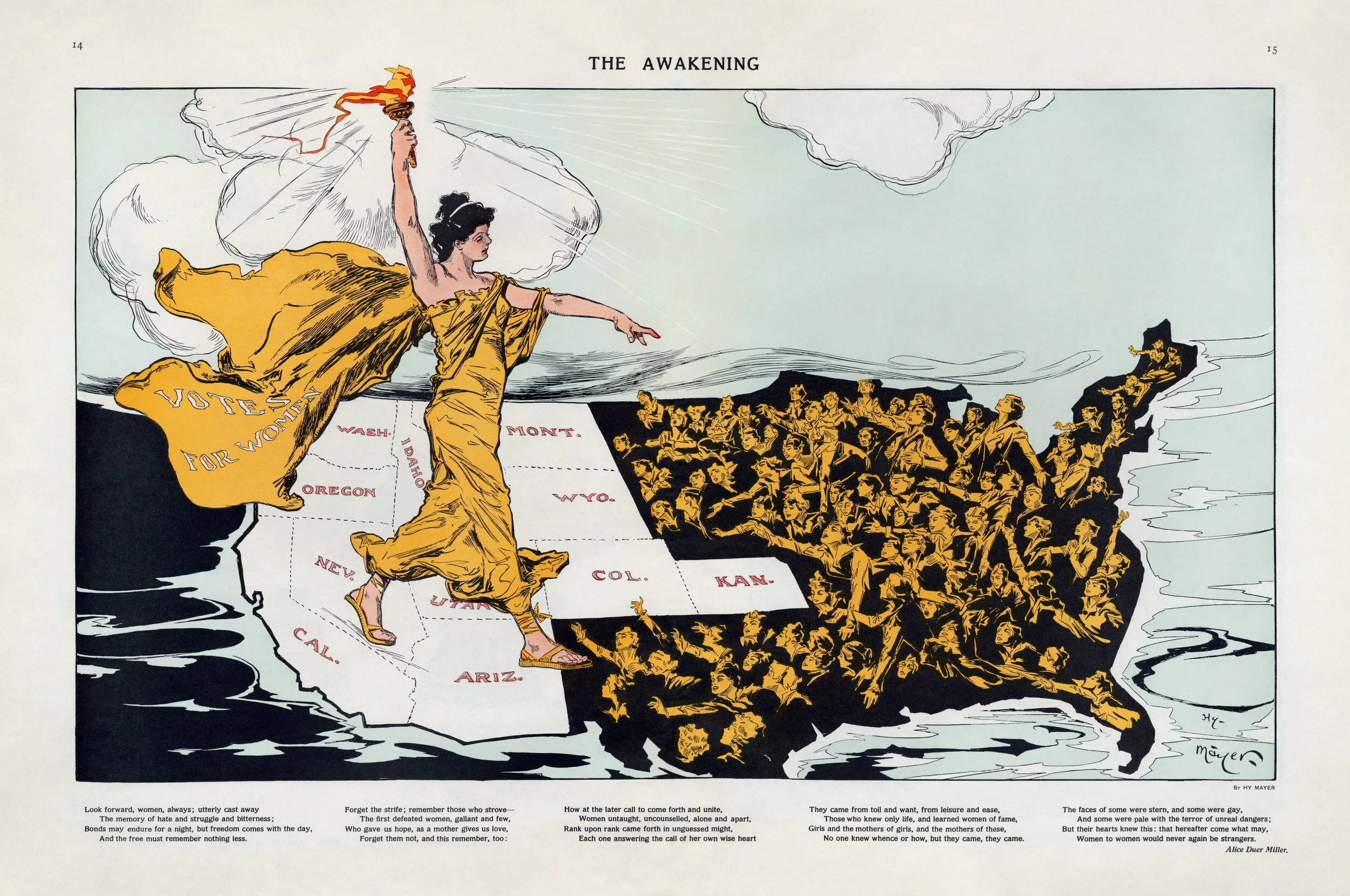 An illustration from Puck magazine showing Lady Liberty standing over the Western states that had given women the vote already, lighting the path for the rest of America. Or trying to. Courtesy of the Library of Congress.