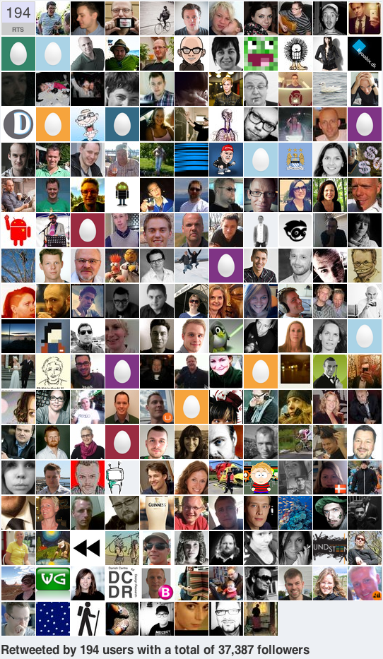 Historien om det rejsende tweet I morges ville jeg, som en del af et oplæg om sociale medier, demonstrere over for mine kollegaer hvor hurtigt og langt (hej, Australien!) et tweet kunne rejse på en time.
Præcis kl. 8:30 tweetede jeg “Er I søde at hjælpe mig med at livedemonstrere hvor hurtigt og langt et tweet kan rejse på en time? Pls RT! #rejsende_tweet #twitterdemo”
Jeg skrev det med vilje på dansk for at undersøge den danske twittersfære - men det blev undervejs oversat af andre til engelsk, svensk og norsk. Jeg noterede antal followers for hver af de tweeps der havde RT'et og talte således potentielle læsninger. Jeg havde ikke på forhånd talt med så meget som en eneste tweep om eksperimentet. Når jeg skriver læsninger er det fordi der naturligvis har været overlap; at flere har fået historien mange gange. Tak til Thomas for at påpege det.
Kl. 8:45 havde 23 mennesker RT'et det, og derved havde mit tweet nået 12.882 potentielle læsninger. Kl. 9:00 havde 45 mennesker RT'et det, og derved havde mit tweet nået 21.009 potentielle læsninger.
Kl. 9:20 havde +50 mennesker RT'et det og derved havde mit tweet nået 29.342 potentielle læsninger.
Kl. 9:30 havde +100 mennesker RT'et det og derved havde mit tweet nået +43.000 potentielle læsninger.
Kl. 11:00 , altså efter eksperimentet officielt sluttede, er det blevet RT'et mere end 200 gange og har nået et potentielt antal læsninger på mere end 60.000 . Imidlertid er det sådan at favstar.fm kan afsløre præcis hvor mange reelle enkeltpersoner et tweet når og tallet for mit tweet er 37.387 . På en formiddag. Det er jeg vanvittigt imponeret over.
Del meget gerne dette og brug det hvis nogen (kollegaer, chefer, venner) betvivler twitters potentiale.
Det nåede så langt som til Sverige, Norge, Australien, New Zealand, Sydfrankrig og Singapore men jeg vil meget gerne opdateres på om det nåede til andre lande inden for den time eksperimentet varede.
Jeg -og mine imponerede kollegaer- vil godt takke jer alle samme mange, mange gange for jeres deltagelse.