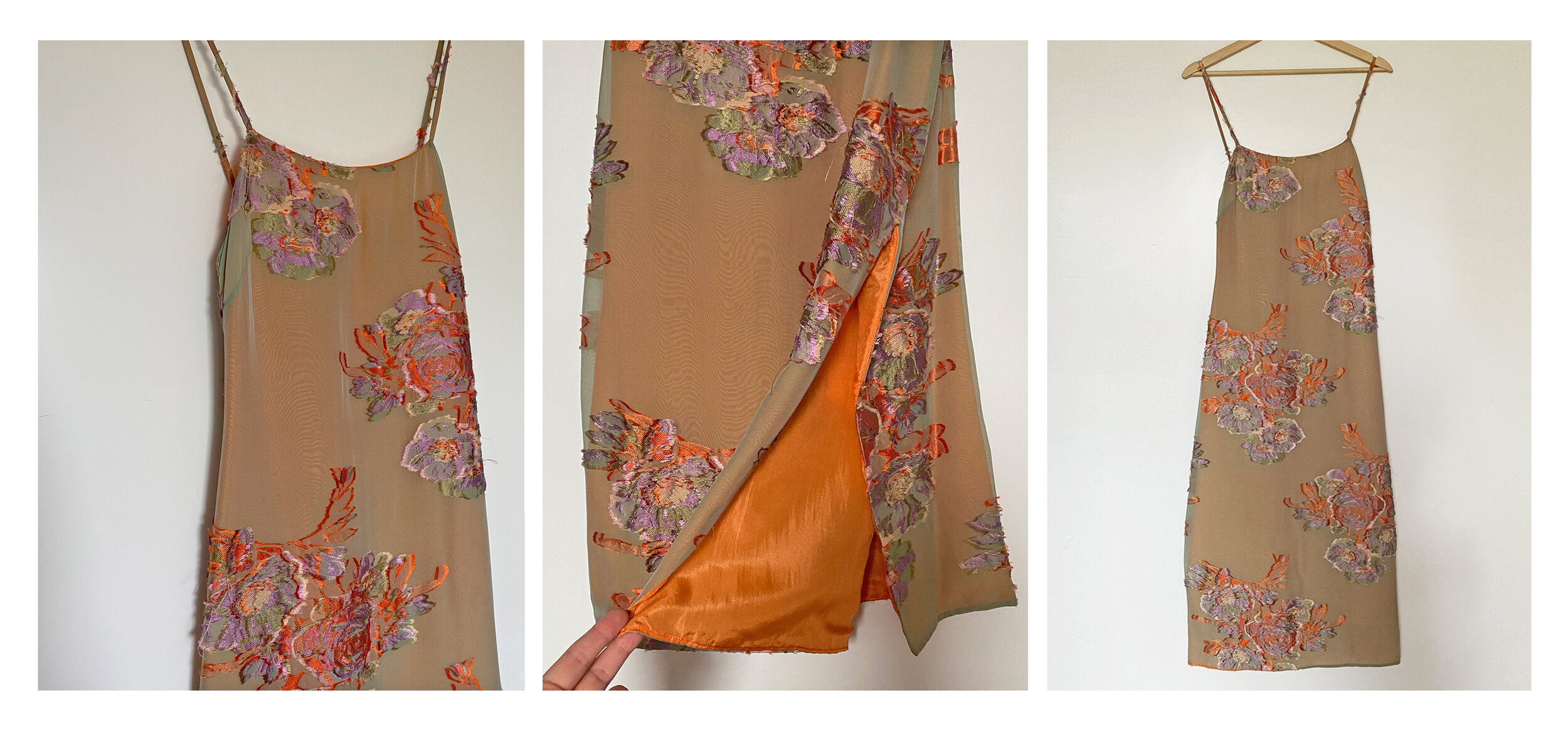  Slip dress created using the reverse side of a silk jacquard, lined with orange silk 