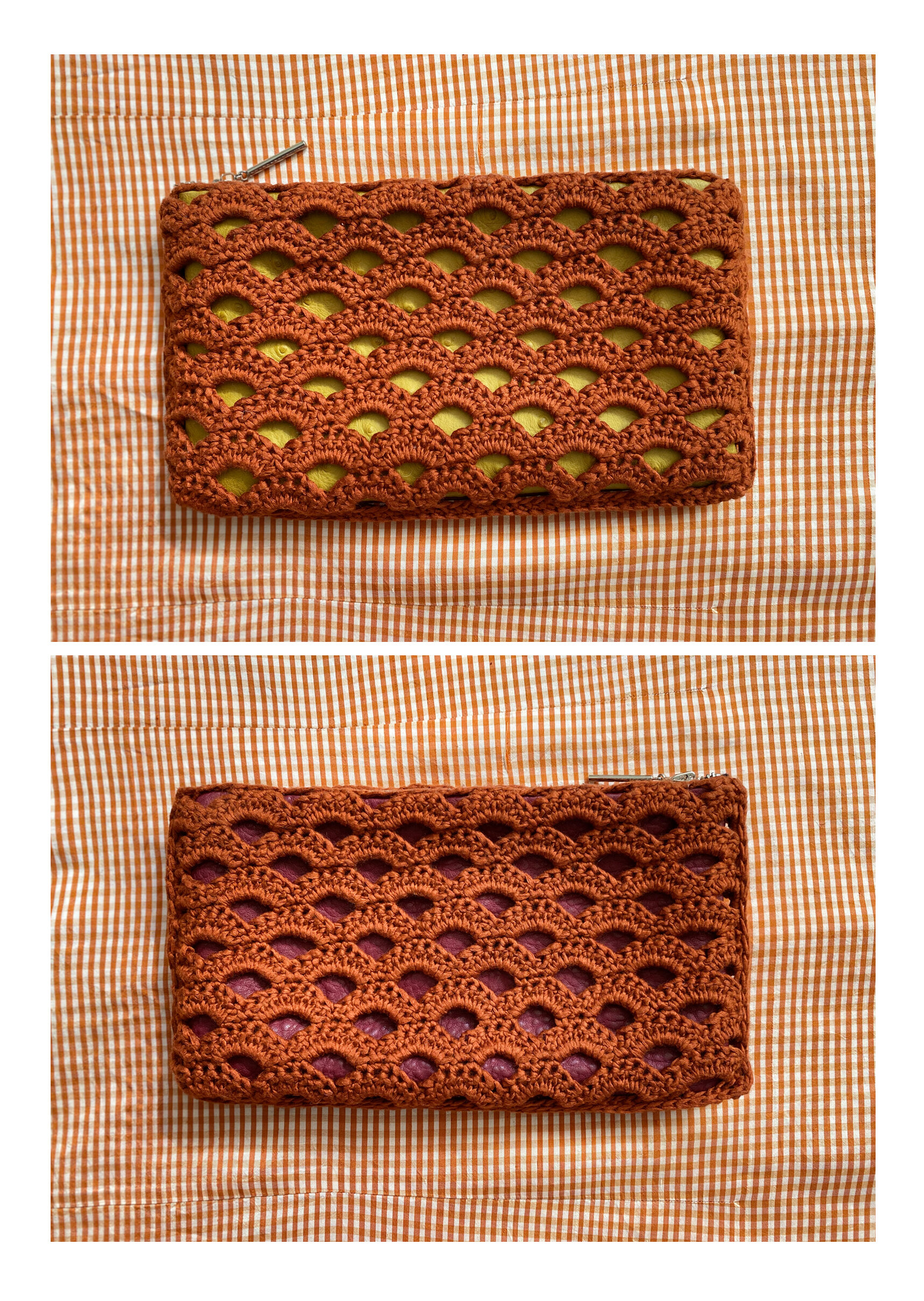  Arcade stitch crochet and deadstock leather pouch  