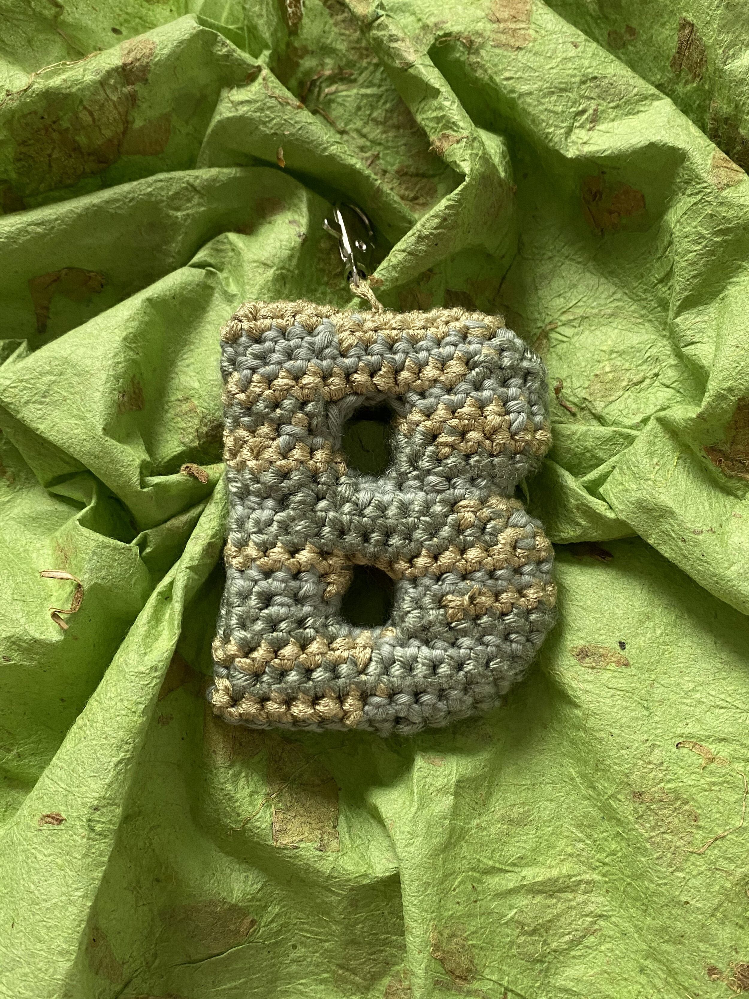  Crochet ‘B’ keyring in a trio of green yarns  