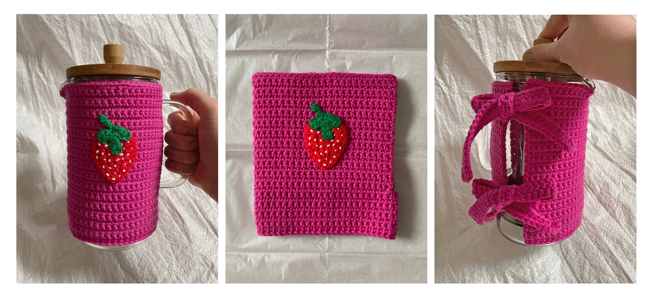  Crochet cafetière cosy with strawberry appliqué design    
