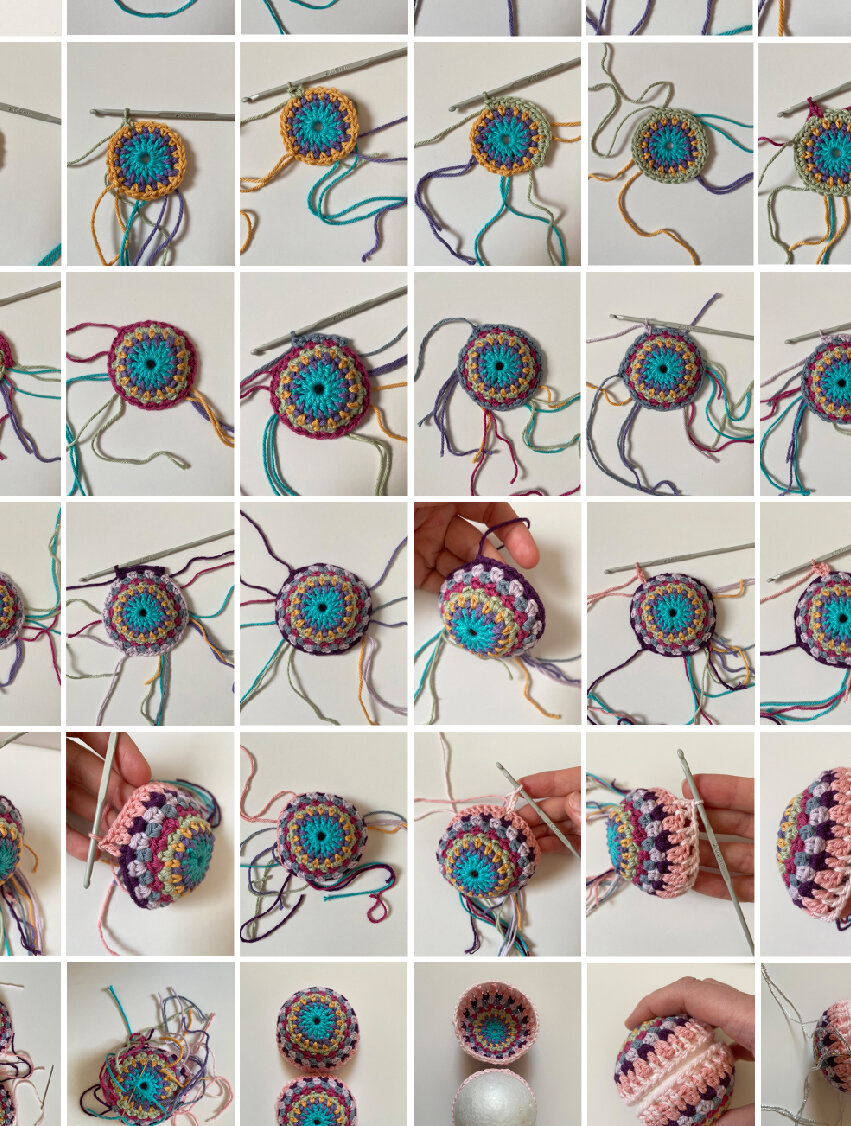  Progress photos for granny stitch crochet bauble pattern  