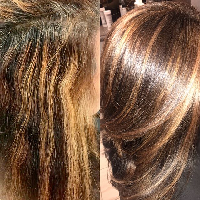 color correction 🎭 before/after.... (2nd photo taken with ring light a week later)  #goldwellcolor #framarbrushes  #reynoldsfoil 👩🏻&zwj;🎨🎨