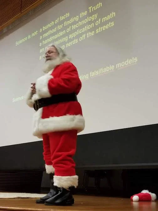Santa David Helfand giving the last Frontiers of Science lecture of the semester to the Columbia students.