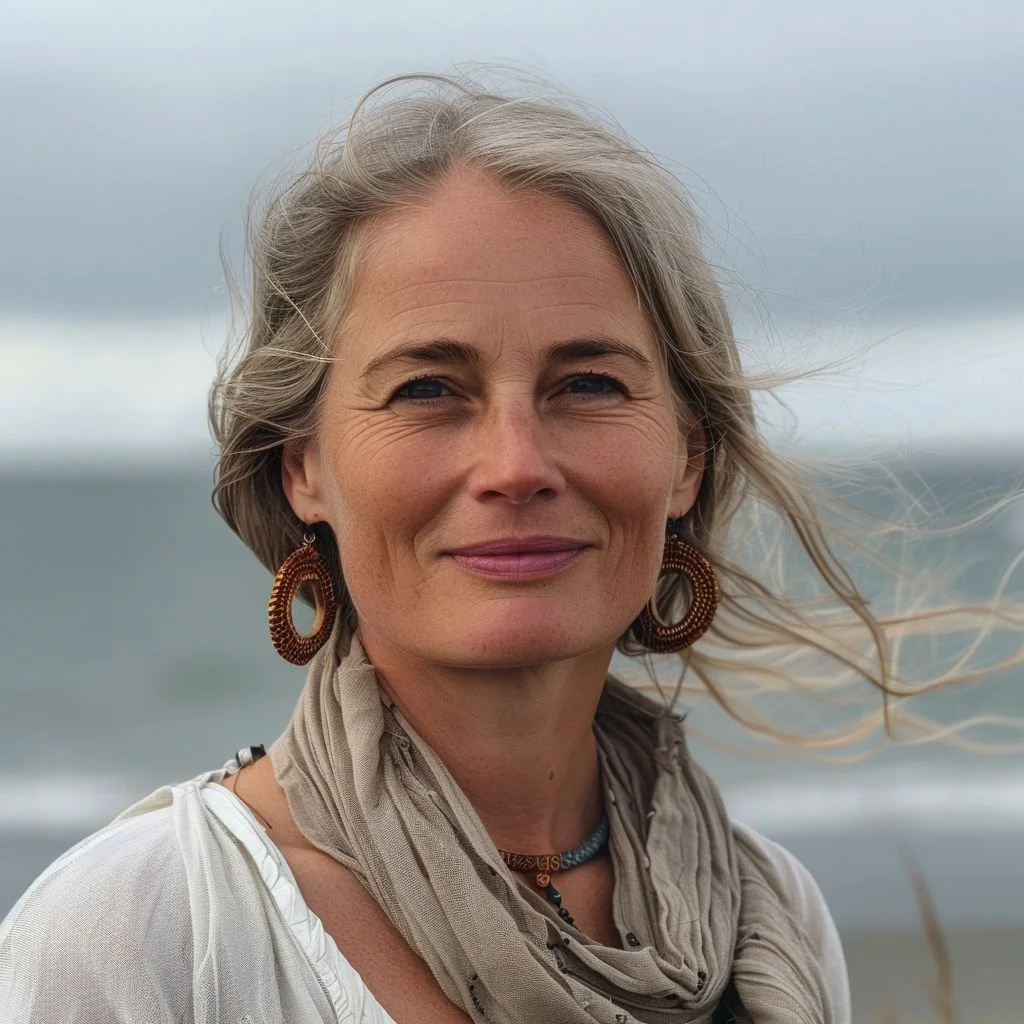 Image of a woman casually dressed with the sea in the background