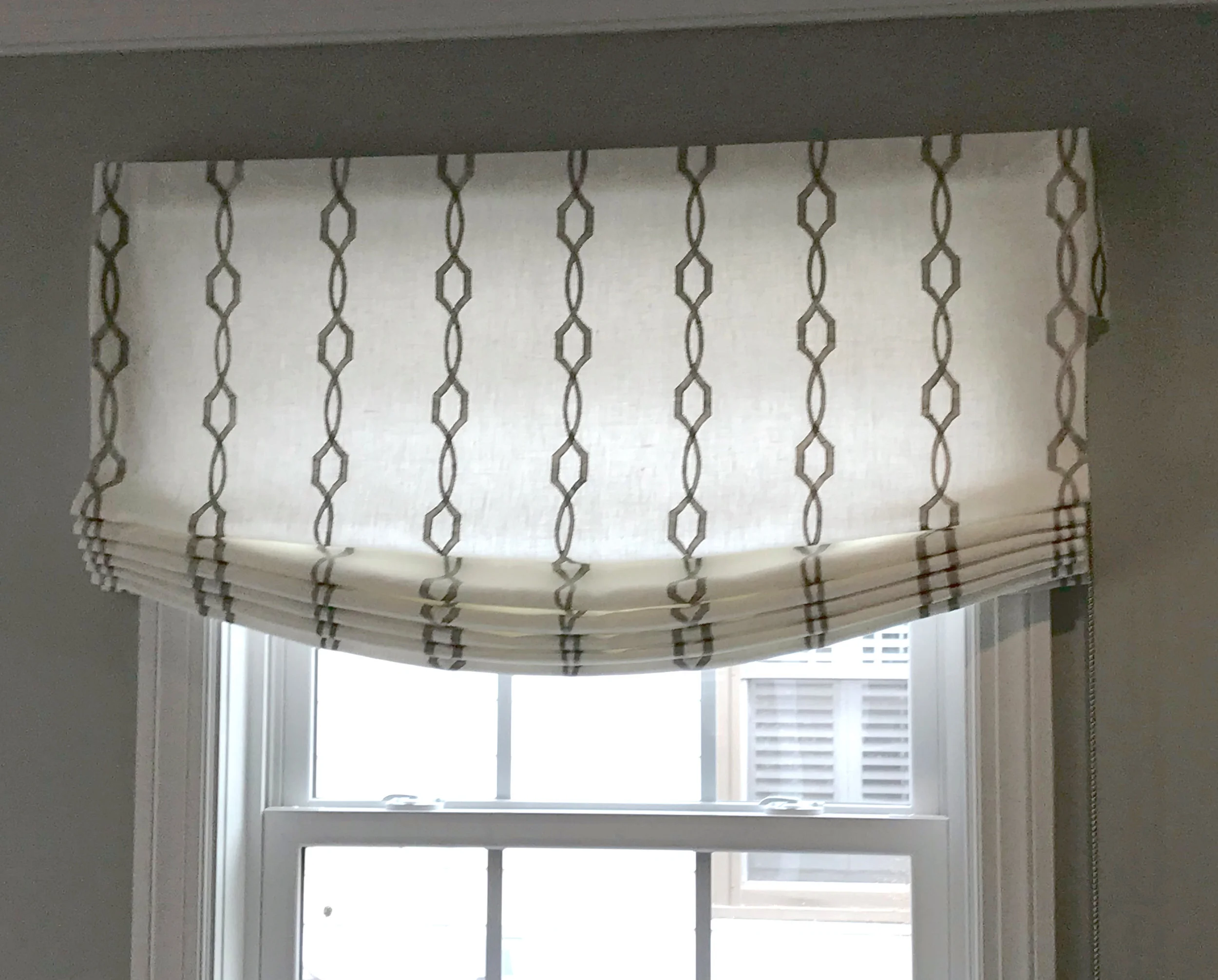 Functioning Sheer Roman Shade Lined in Sheer and Pleated to the Pattern for Kathy Corbet Interiors