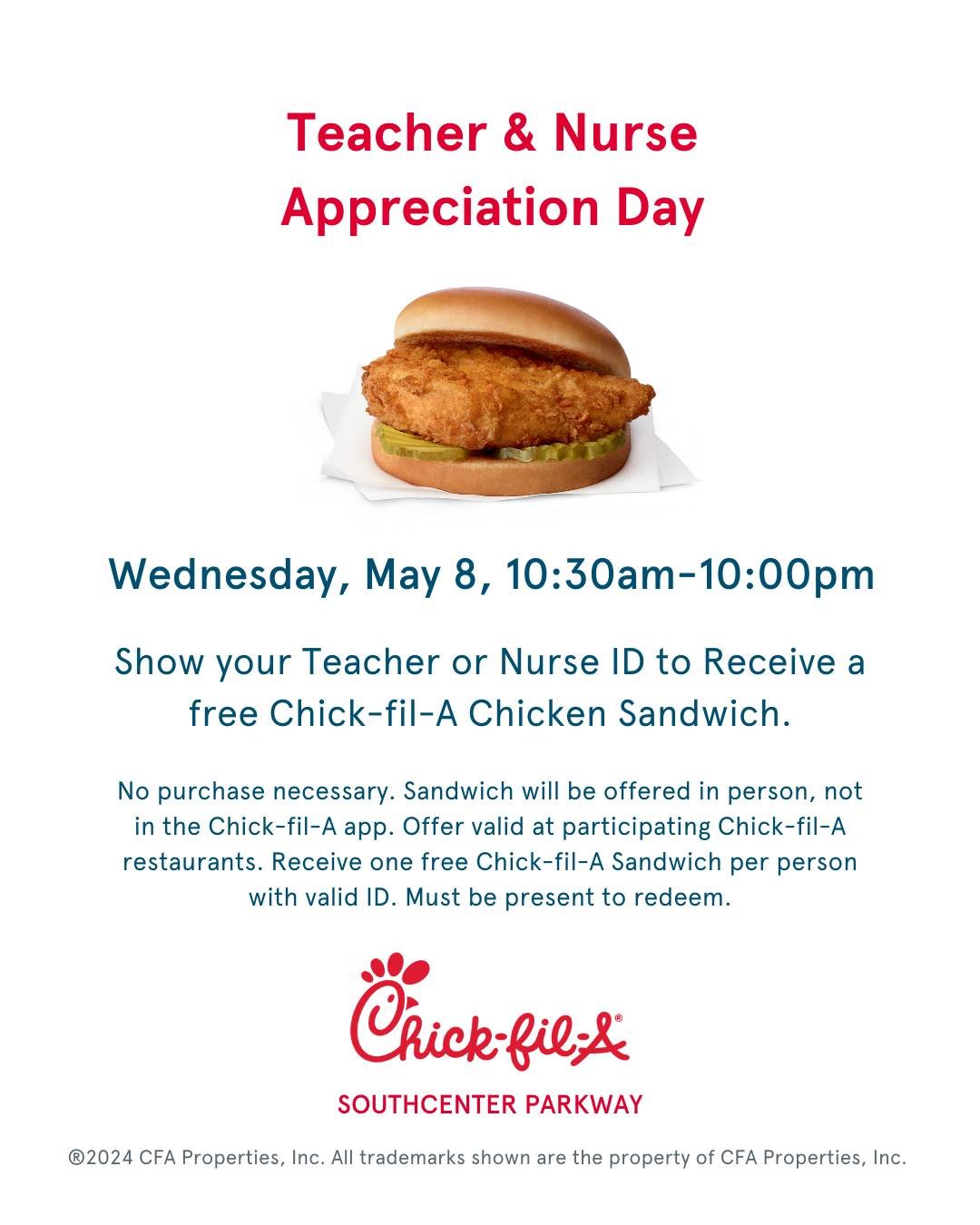 May 8 10:30am-10:00pm
Teacher &amp; Nurse Appreciation Day 🍎🏥

We appreciate everything our teachers and nurses do every day! 

Visit us at the restaurant and show your valid Teacher or Nurse ID for a Free Original Chicken Sandwich. 

Must be prese
