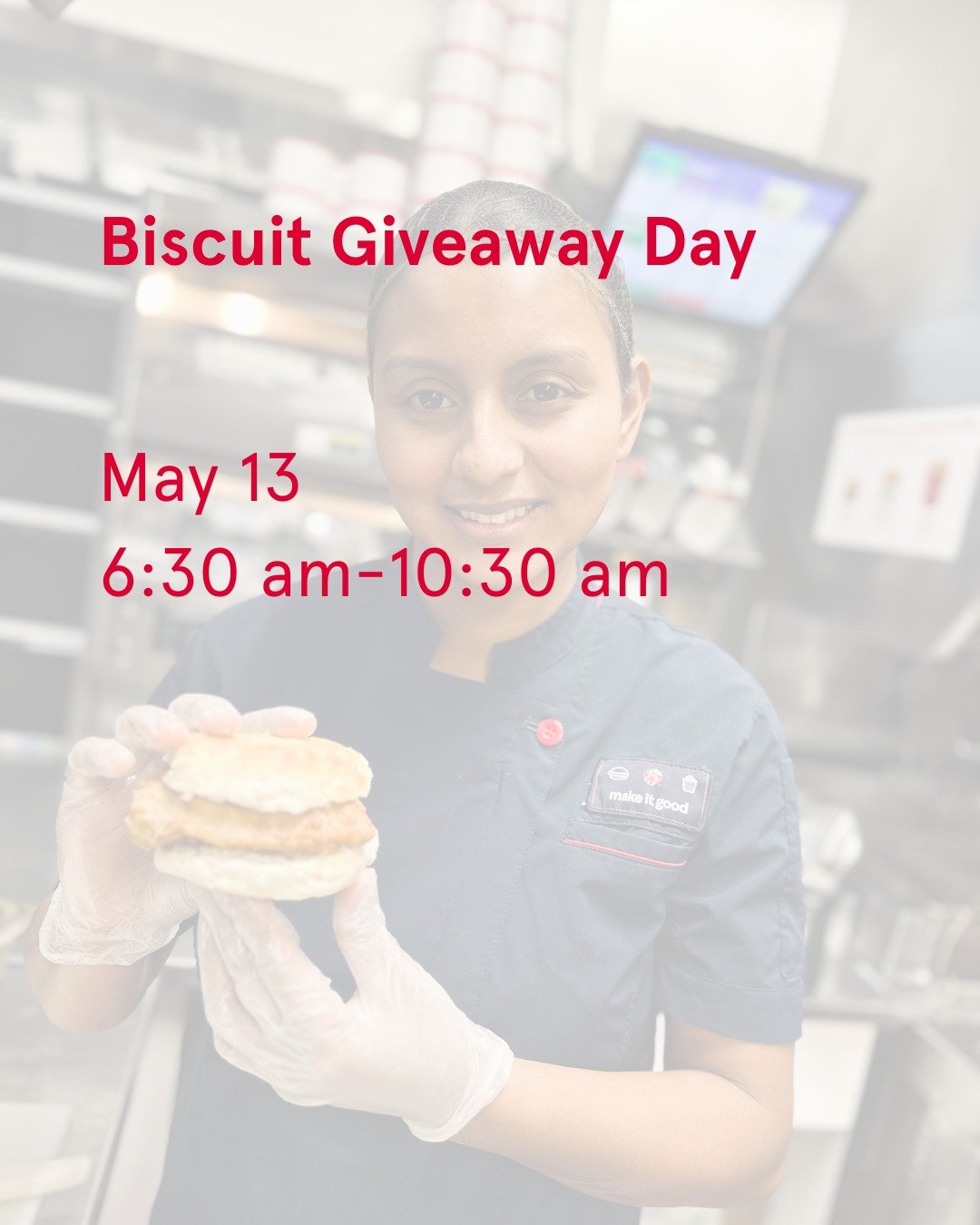 Biscuit Giveaway Day is quickly approaching! 🍽

If you haven't tried our breakfast yet, this is your chance. 😍 Stop by the restaurant on Monday, May 13, from 6:30-10:30am, make sure to mention this promotion, and receive a Free Original Chicken Bis