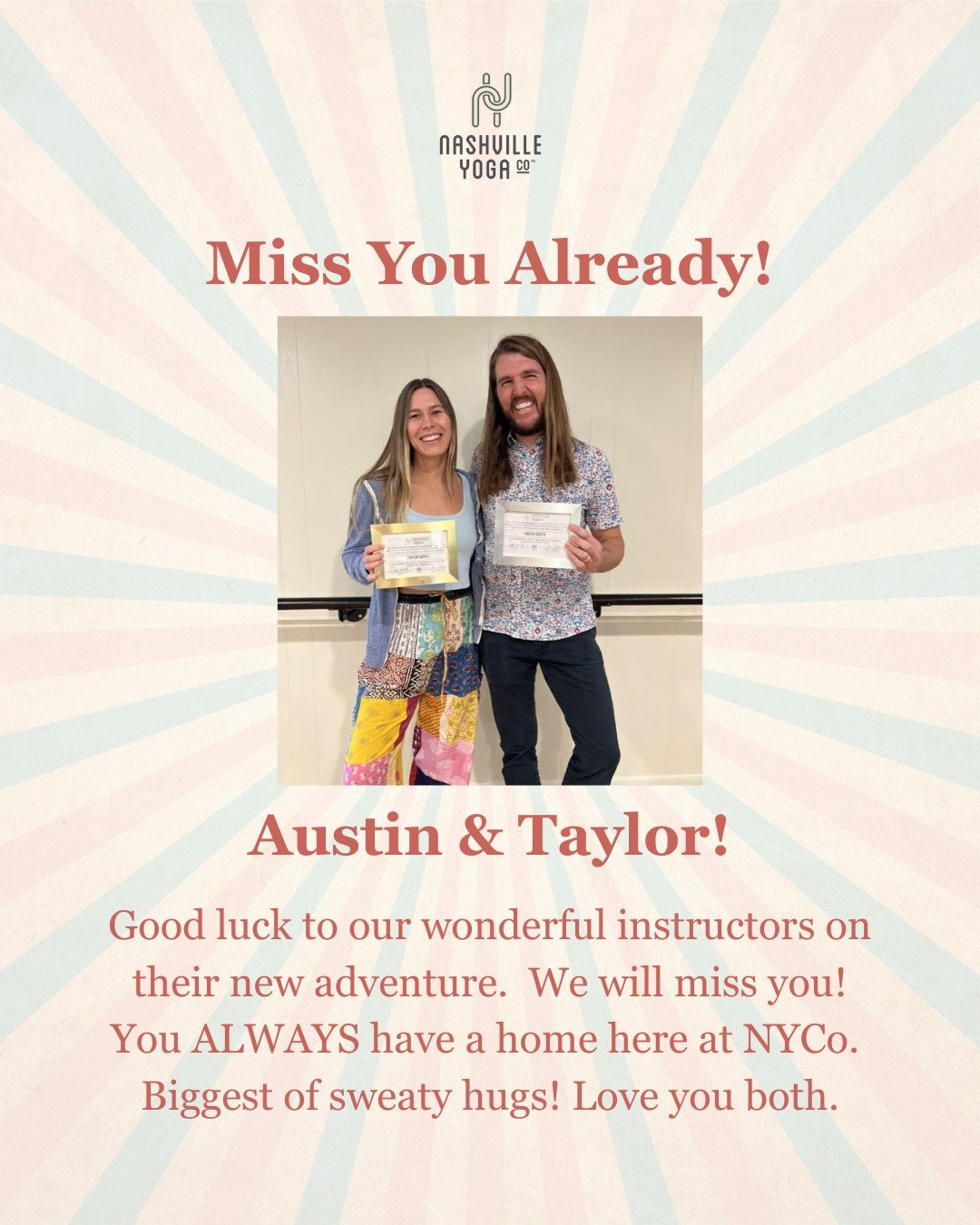 Wishing you the best of luck, Austin and Taylor! 🙏🏻

#whenitsright #sweatyhugs #nashvilleyogaco #nashvilleyoga #nashvilleyogacommunity #nashyogaco #nashvilleyogastudio