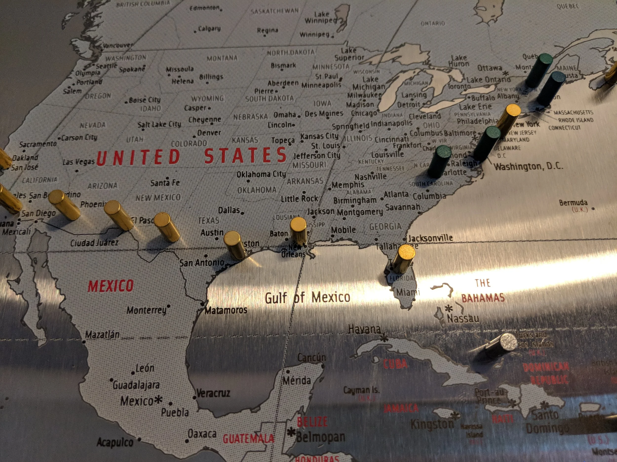 A lot of those gold pegs along the deep south are from our honeymoon.