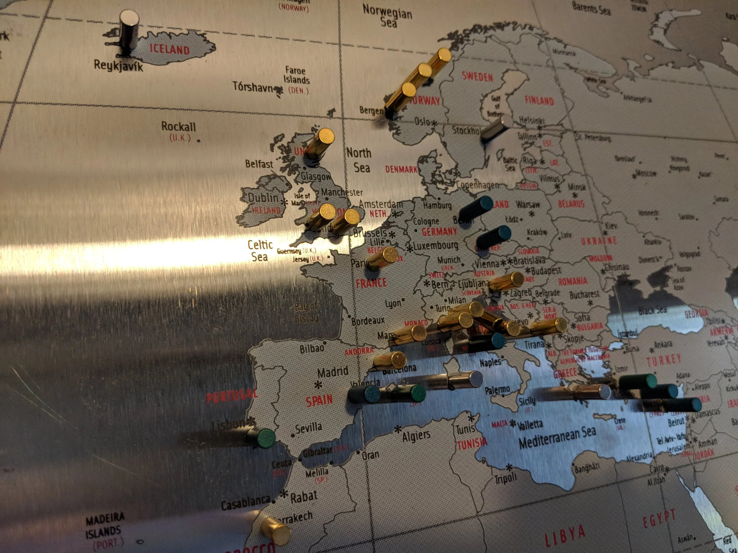 Obviously, we've visited more places in the UK than shown here! The UK just can't take that many pegs!