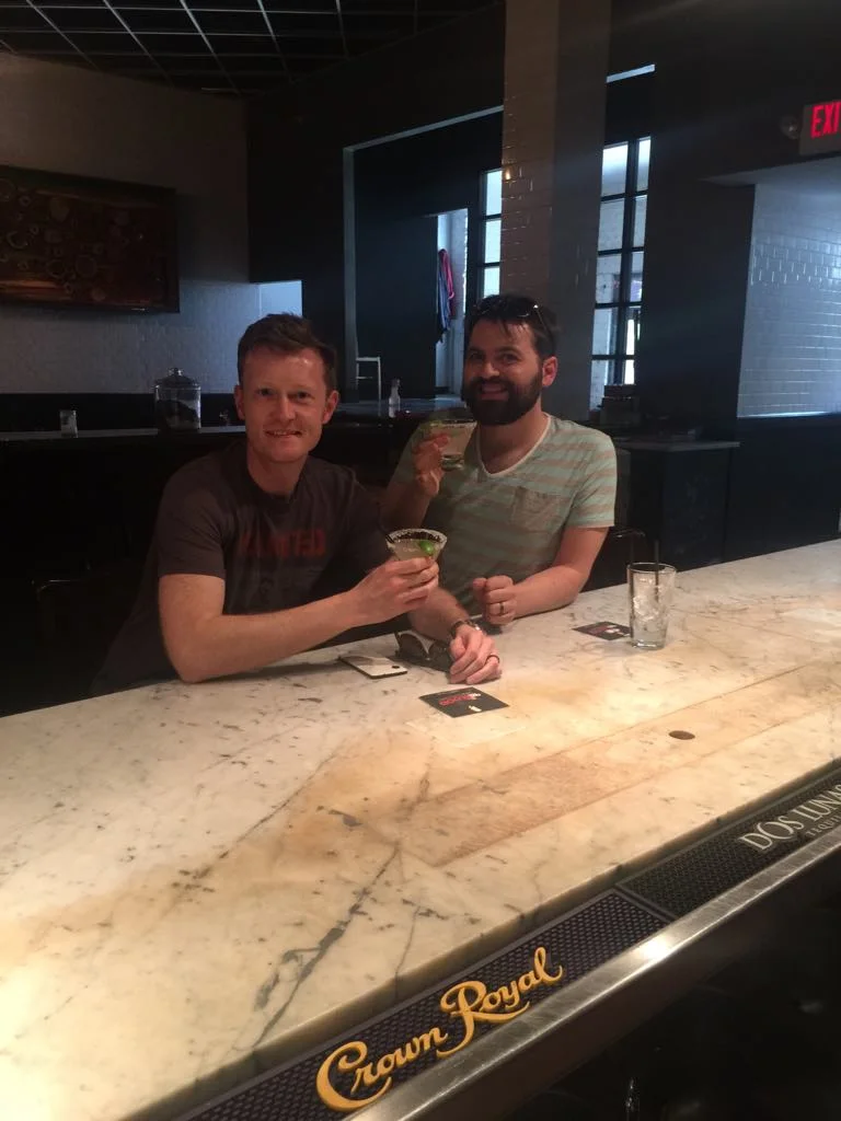 We may look relaxed in this photo (taken by our bemused bartender) but actually we're thinking the train really will leave us stranded in El Paso if we're not back on it in seven minutes and it's a six minute jog back to the station from here.
