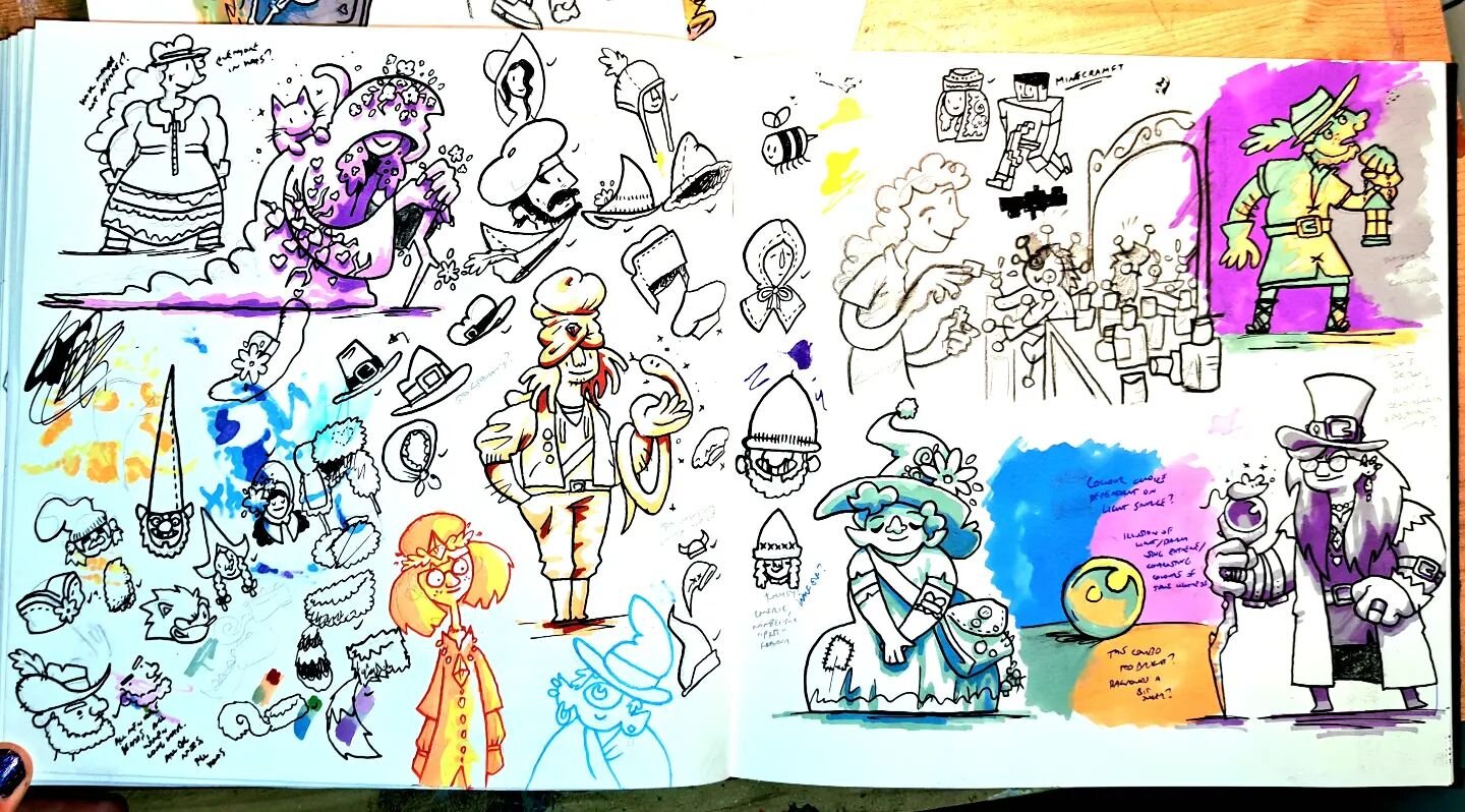 Recent sketchbook spread I'm just really fond of. A lot of fun ideas just hanging out together

#sketchbook #sketchbooks #sketchbookdrawing #sketchbookillustration #characterdesign #characterideas #witches #hats #doodles #sketchbooking #markerillustr