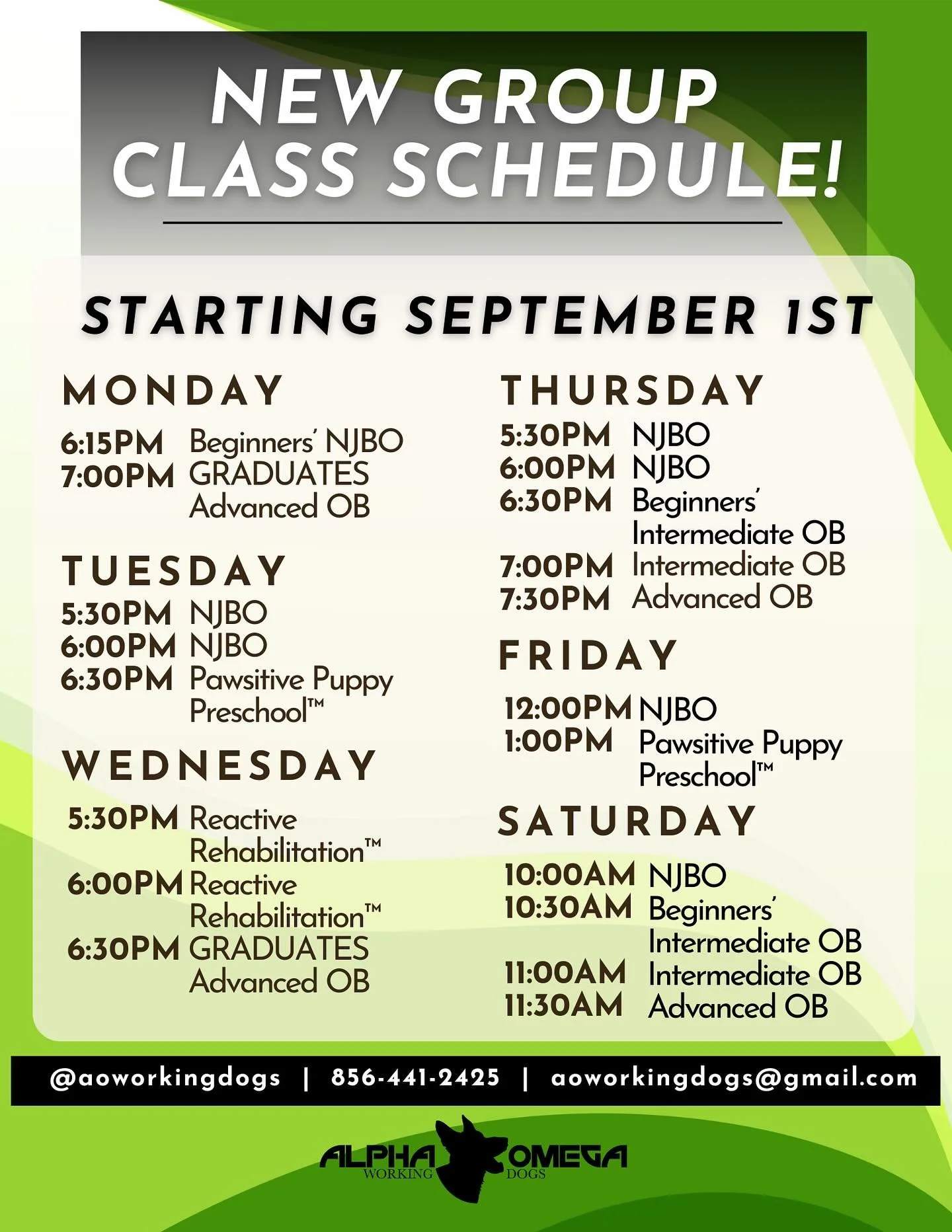 📣 🤩ATTENTION AO Fam! BIG changes are coming this Fall! 🍂🐾

Beginning September 1st, we&rsquo;re launching a NEW group class schedule filled with options to help you and your pup grow together! 🐶✨

📅 Monday:
6:15PM - 7PM - Beginners&rsquo; Not J