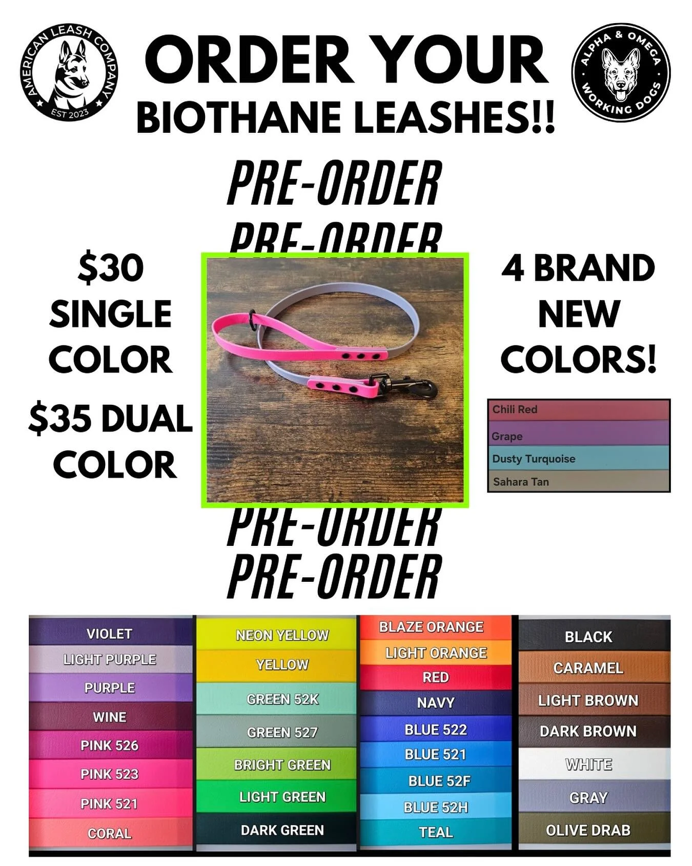 🚨 PREORDER ALERT ‼️ Our popular Biothane Leashes are back for another order!

✨ Choose from 4ft or 6ft lengths
✨ Stylish black hardware + O-ring handle (perfect for strapping across your chest!)
✨ Available in solid ($30) or two-toned ($35)

Why you