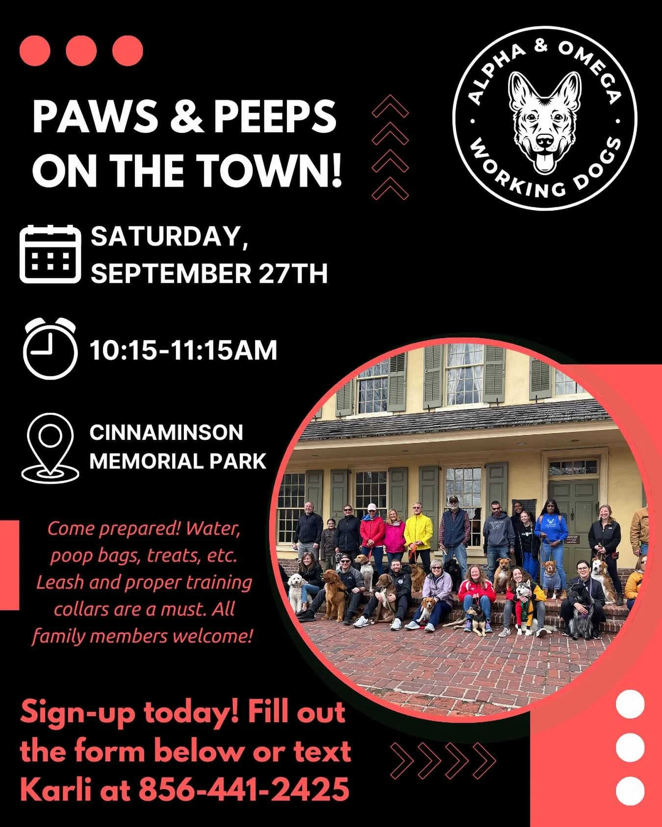 🐾 WHO IS READY for our NEXT Pack Walk??? Join us this Saturday, September 27th from 10:15AM - 11:15AM at Cinnaminson Memorial Park 🤩

📍 Upcoming Pack Walk dates (REMINDER: NO classes will be held on-site at the facility on the dates listed below. 