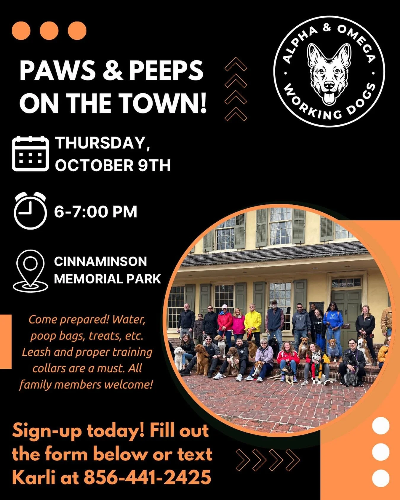 🐾 EVENING Pack Walk ALERT ‼️ Join us THIS THURSDAY, 10/9 from 6:00&ndash;7:00 PM at 📍 Cinnaminson Memorial Park!

** UPDATE: this walk was originally planned for Downtown Moorestown but has been MOVED to Cinnaminson Memorial Park **

📅 Upcoming Pa