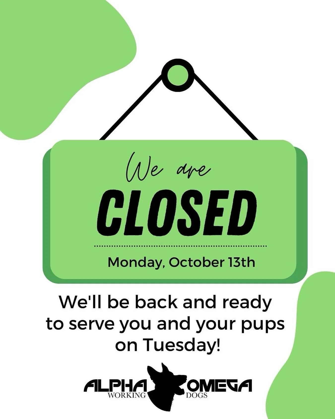 Important reminder! 🚨 We&rsquo;ll be closed Monday, October 13th for the holiday. Please plan accordingly &mdash; we&rsquo;ll be back to our regular hours on Tuesday! Enjoy the weekend, everyone! 🐾