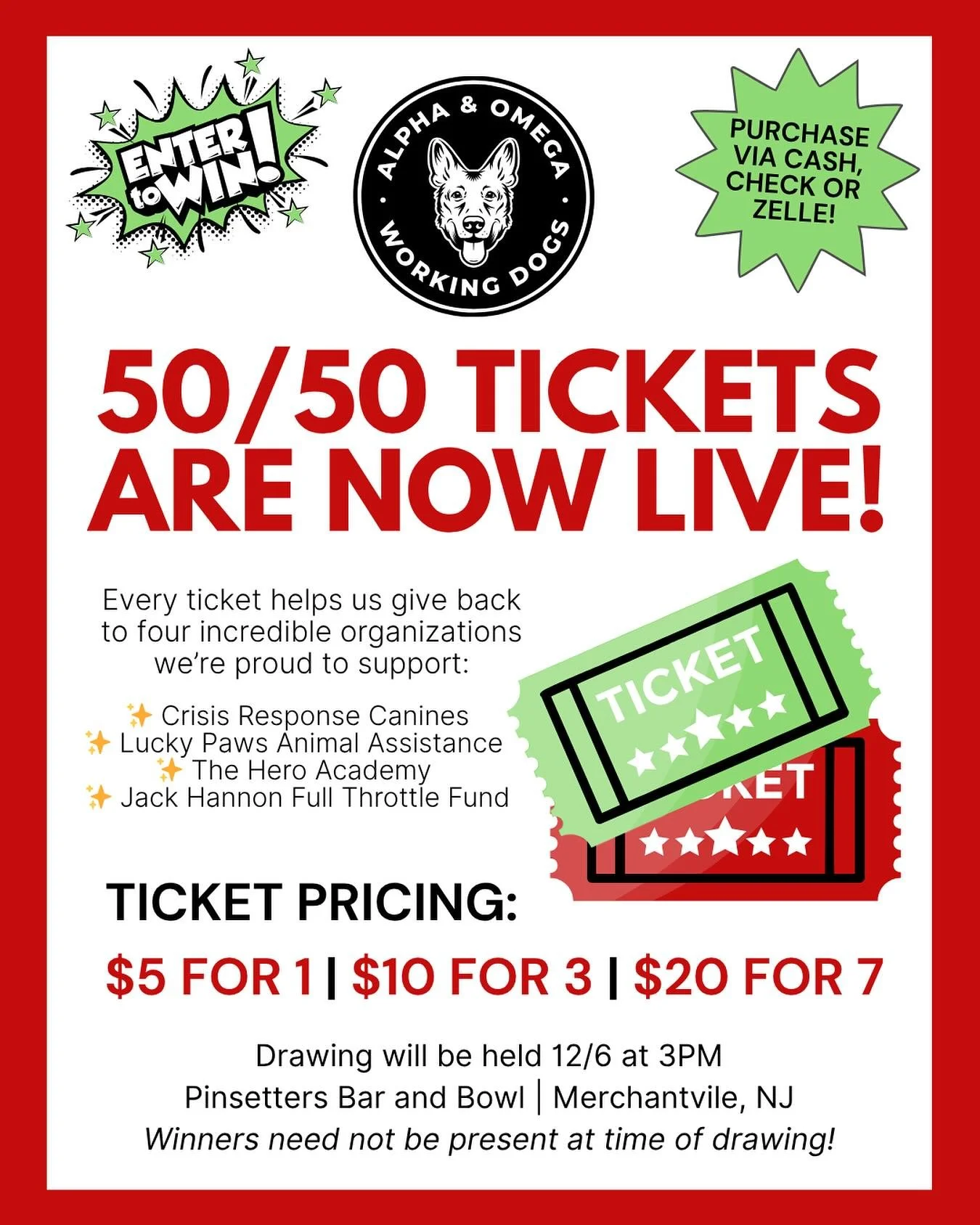 FEELING LUCKY? 🍀 You should be — 50/50 tickets for our Bark & Bowl fundraiser are NOW live! 🎳 
🎟 Grab yours at class every Tuesday or Thursday night: (see Karli)
$5 for 1 | $10 for 3 | $20 for 7
💸 Payment accepted via cash, check, or