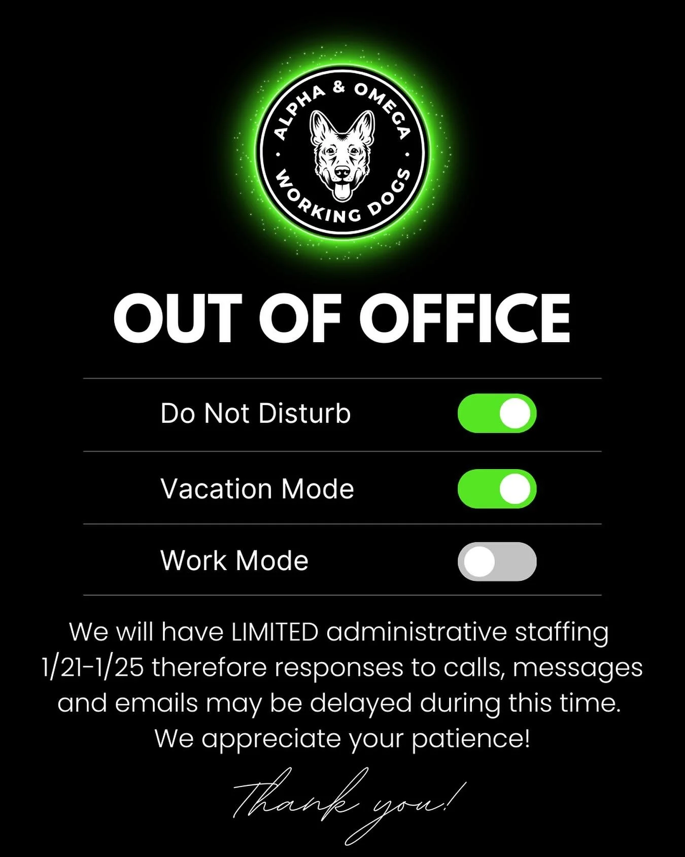 Heads up, AO Fam! 📣 

Please note that we will have limited administrative staffing from tomorrow, January 21st, through Sunday, January 25th. While our front desk, calls, and emails may experience delayed responses, all classes, day camps, and sess