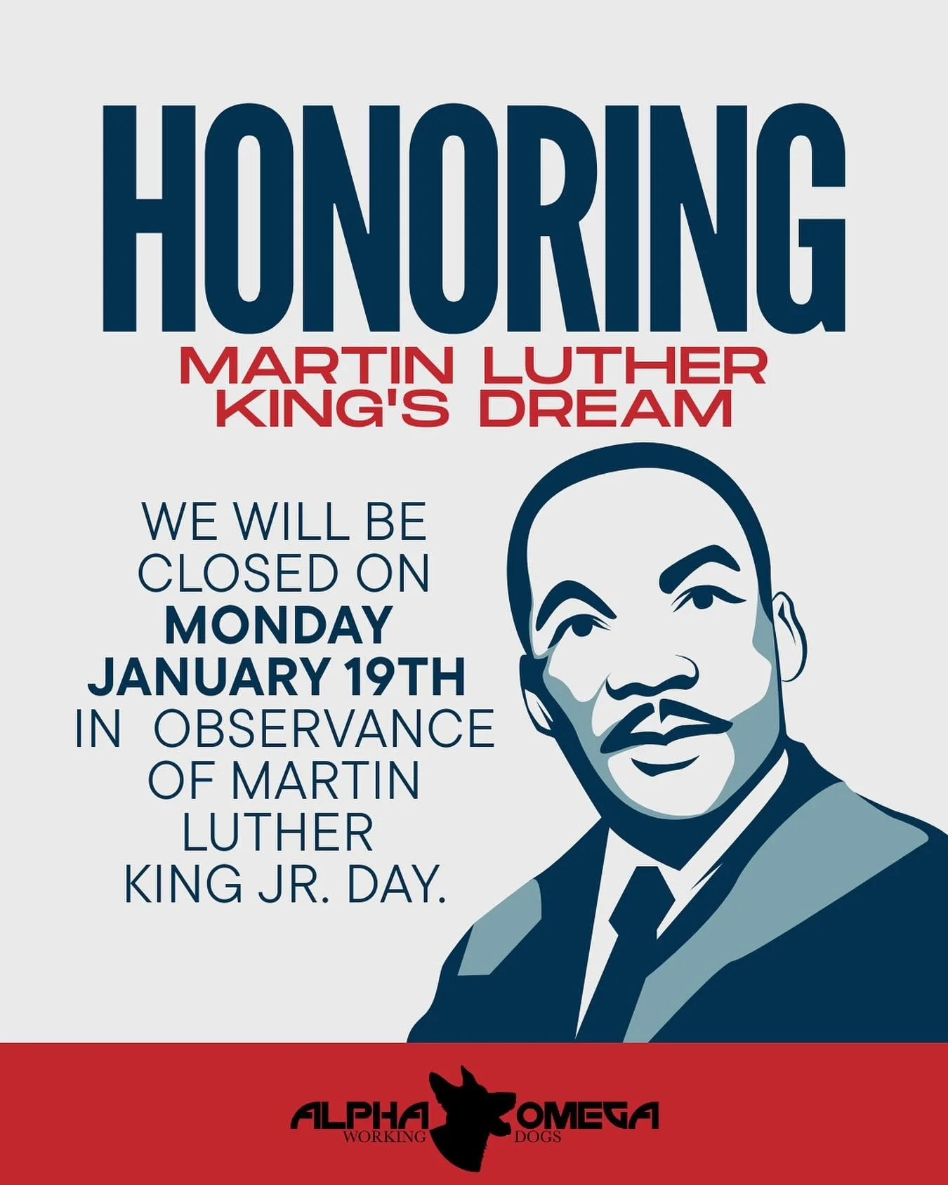 We will be closed on Monday, January 19th in observance of Martin Luther King Jr. Day 🤍

Monday is a meaningful time to reflect, serve, and honor Dr. King&rsquo;s legacy. As he said,
&ldquo;Life&rsquo;s most persistent and urgent question is, What a