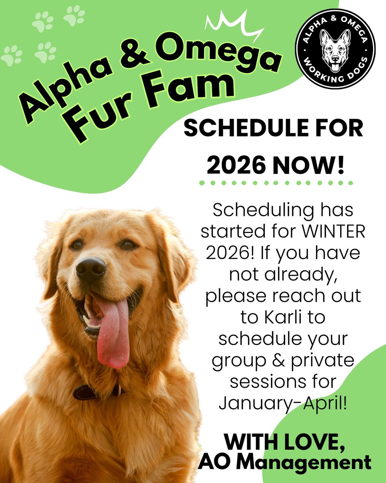 The New Year is right around the corner 🎉❄️ which means it&rsquo;s time for new scheduling! 🗓️

Scheduling for WINTER 2026 is officially open ☃️✨

Please contact Karli as soon as possible 📲 if you haven&rsquo;t already to schedule your private and