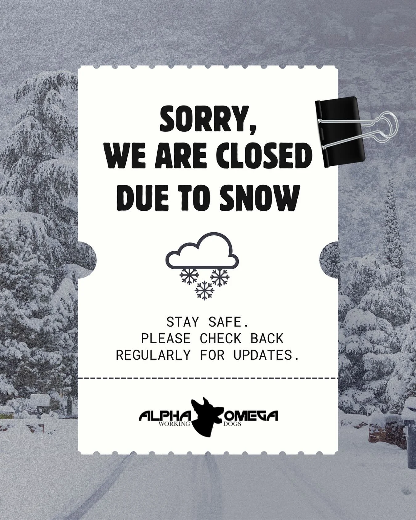 ❄️ Snowstorm UPDATE ❄️

We hope everyone is staying safe and warm during the storm 🤍 

Due to the inclement weather and the current state of emergency in our area, our facility will be closed tomorrow, Monday, January 26th.

If you have a session sc