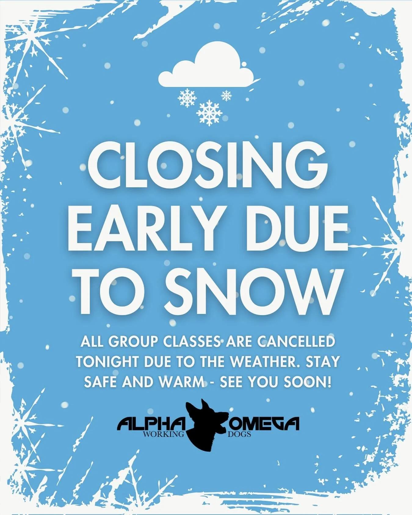 Hey AO Fam&mdash;due to the snow and icy conditions, we will be closing early today, Tuesday, January 27th. ❄️ 

Since the parking lot is currently an ice rink, all evening group classes are CANCELED. The safety of you and your pups always comes firs