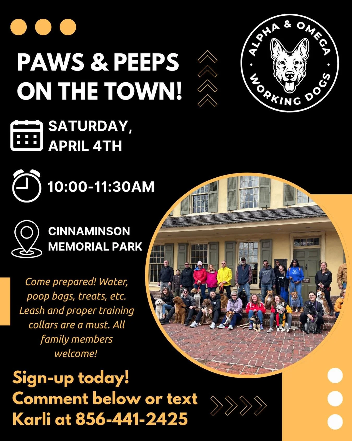 🐾 Join us for a PACK WALK this Saturday! 🐾

We&rsquo;re so excited to get everyone together for a fun and structured pack walk!☀️

🗓 Saturday, April 4th
⏰ 10:00&ndash;11:30 AM
📍 Cinnaminson Memorial Park

All are welcome, but we must have a headc