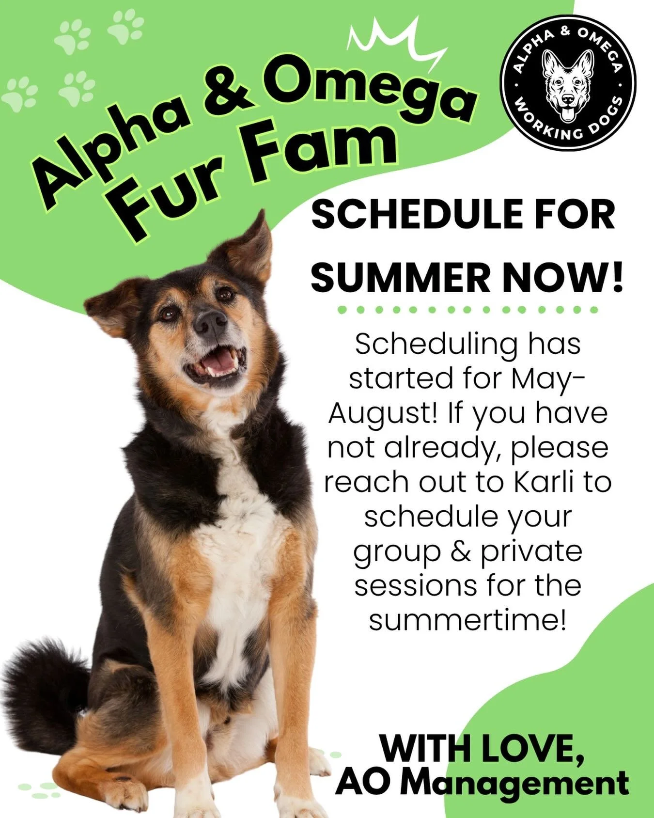 Summer scheduling has officially begun! ☀️🐾

📅 If you haven&rsquo;t reached out to Karli yet to book your private or group sessions as well as day camp needs for May&ndash;August, now&rsquo;s the time! Spots fill quickly, and we want to make sure y