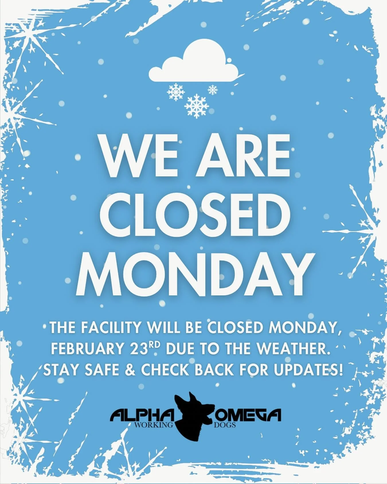 ATTENTION AO FAM ❄️☃️

Due to the declared state of emergency and to ensure the safety of our community, we will be CLOSED this Monday, February 23. If you have a training session or group class scheduled, please contact Karli directly to reschedule.
