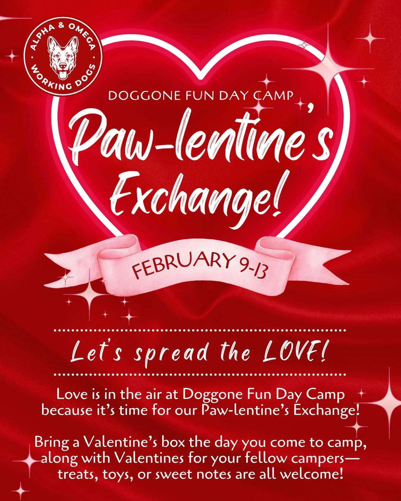 Will you be our Paw-lentine? 💌🐾 

Nothing says &ldquo;I woof you&rdquo; like our 2nd Annual Paw-lentine&rsquo;s Exchange! 💘

Next week (February 9th&ndash;13th), join the fun by sending your pup with Paw-lentines for their favorite classmates. Whe