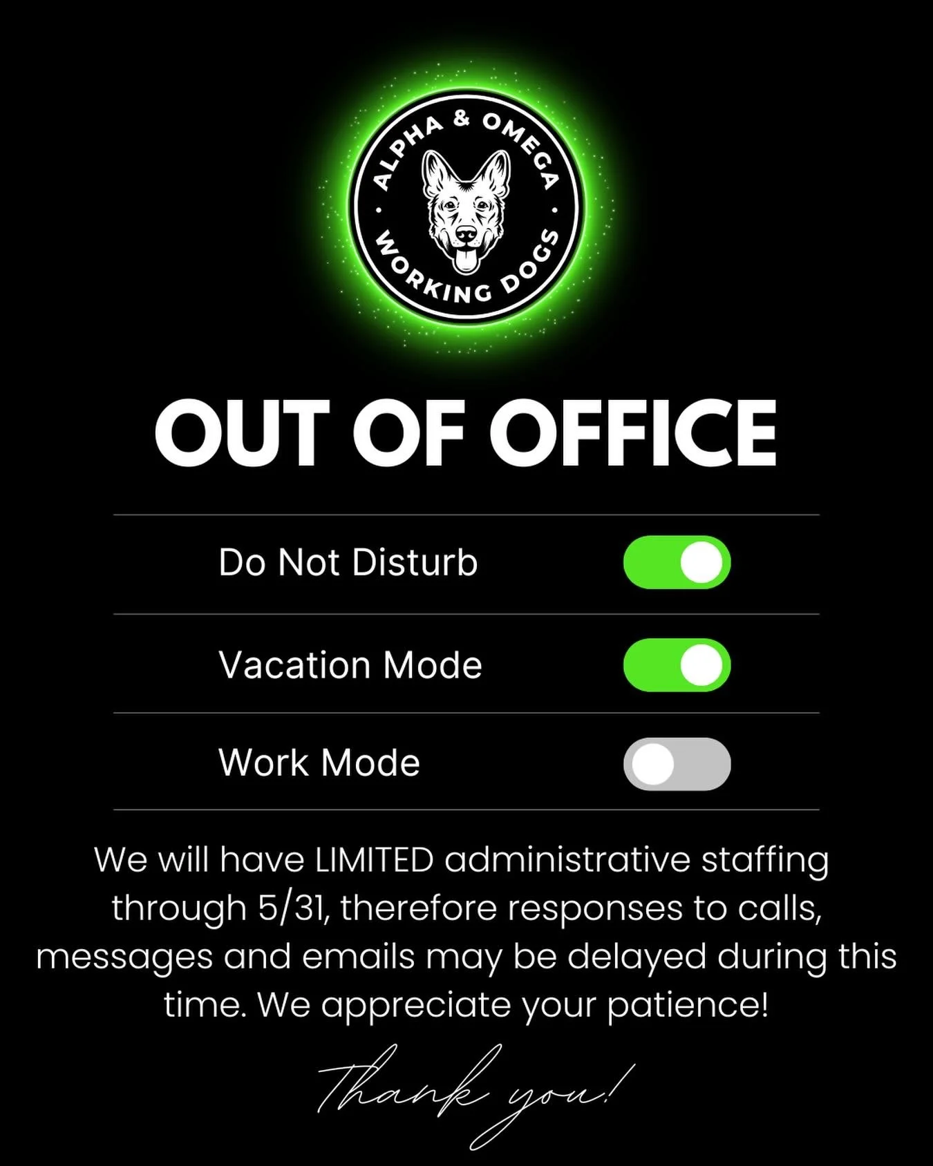 📣 Please Note 📣

We will have limited administrative staffing through Sunday, May 31. During this time, calls, messages, and emails may experience delays, and we greatly appreciate your patience and understanding💚🐾

If you have an urgent need or 