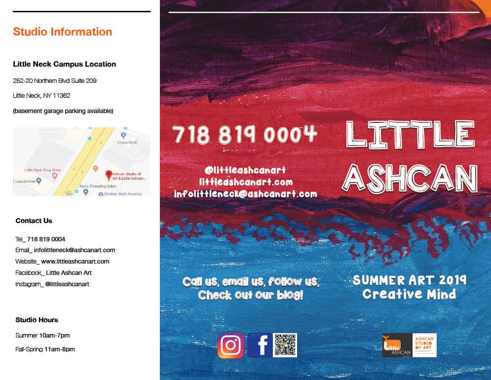 Studio location, contact information, studio hours, social media handles
