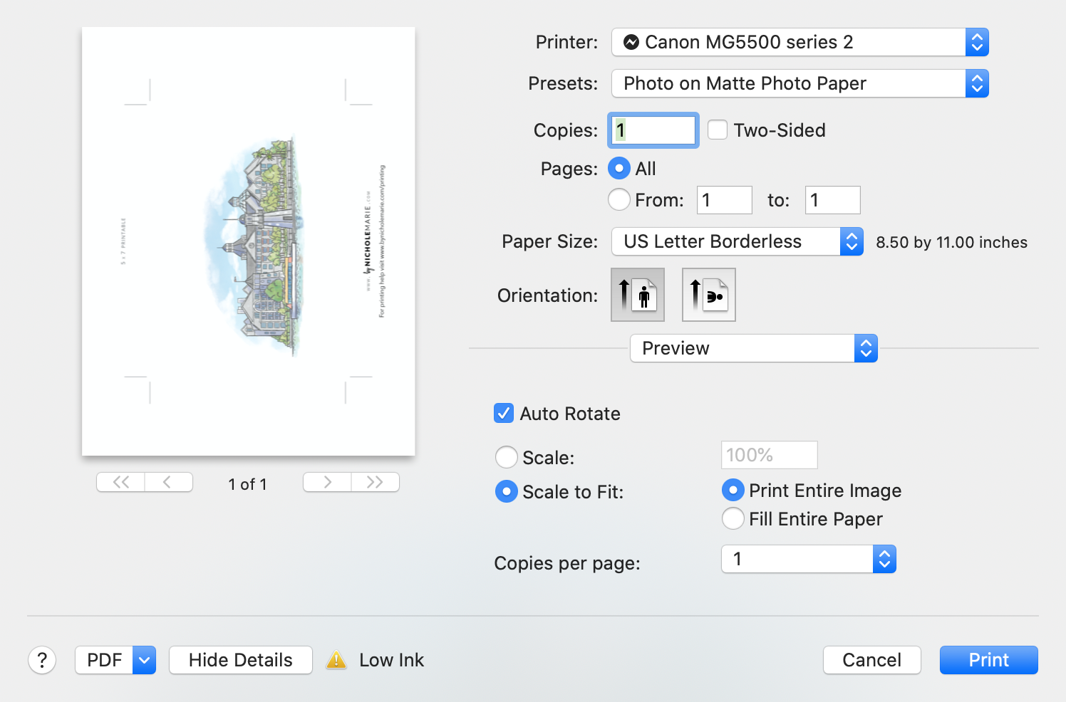 Printing a 5x7 WITH Trim Marks on 8.5x11 paper