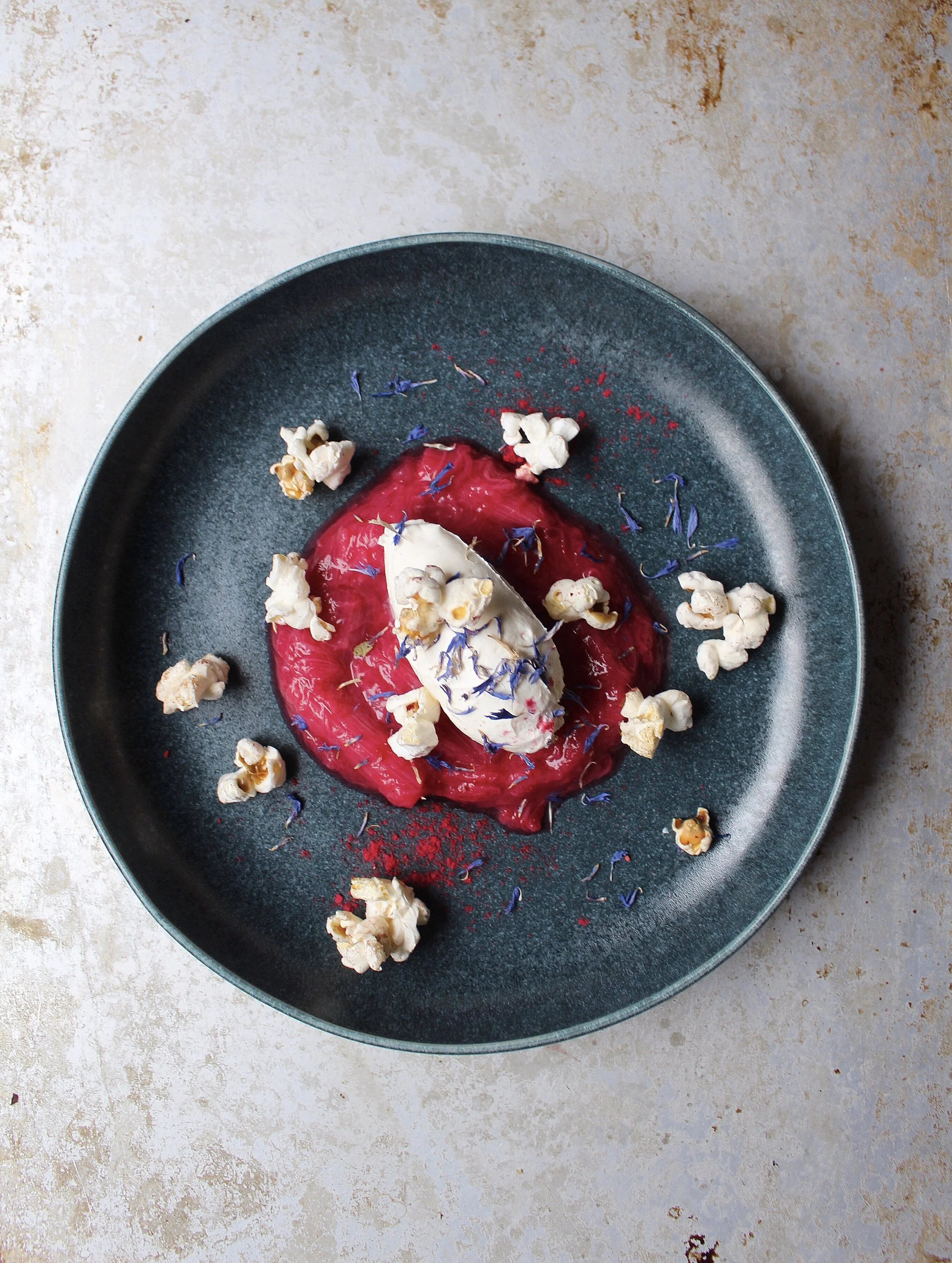 Rhubarb, strained yogurt, honey lavender popcorn and blue cornflower