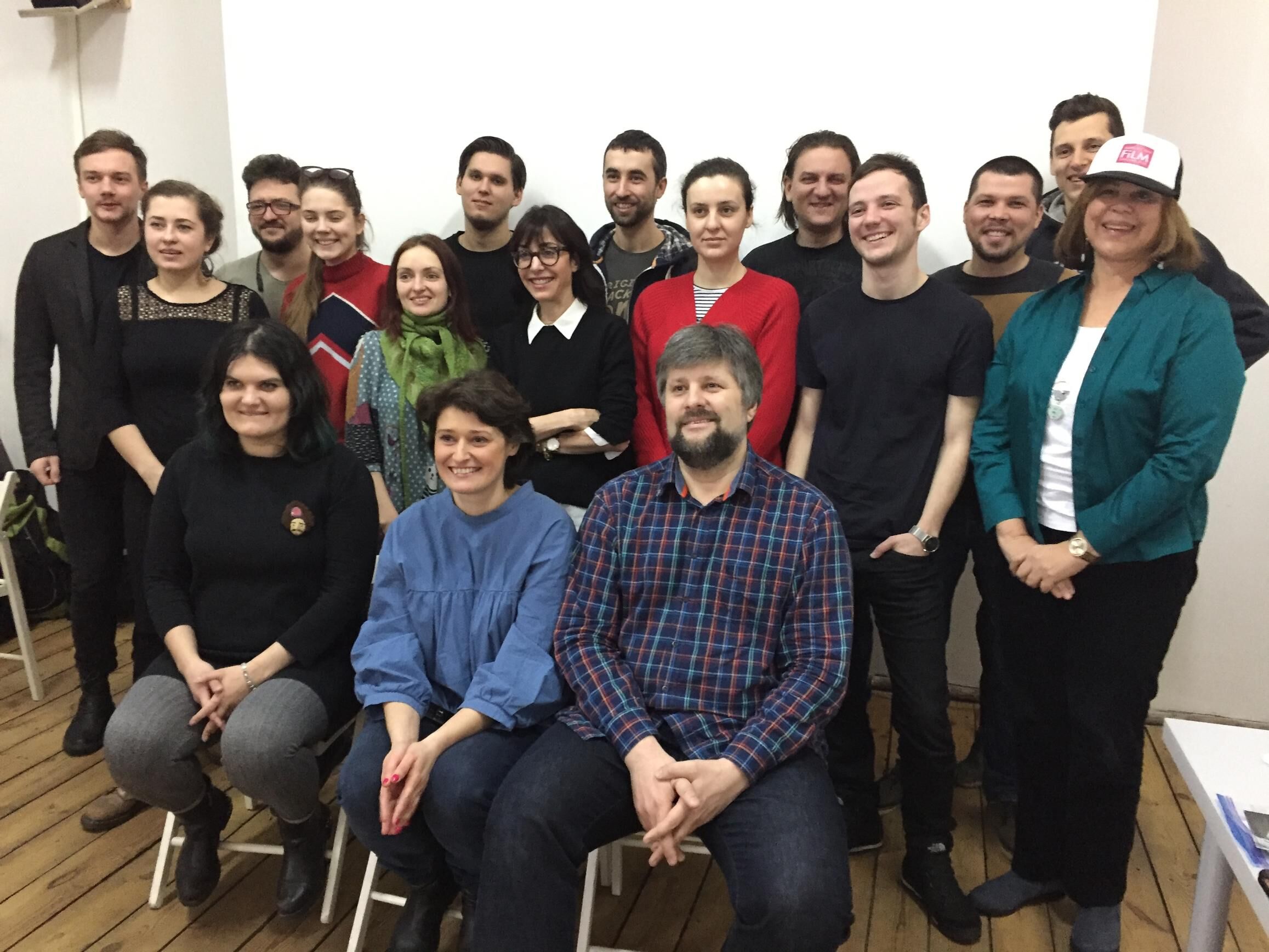 Sharon is pictured with student filmmakers from around the world. This picture was taken at the Indie Lab where they watched the students’ films and discussed the art of filmmaking.
