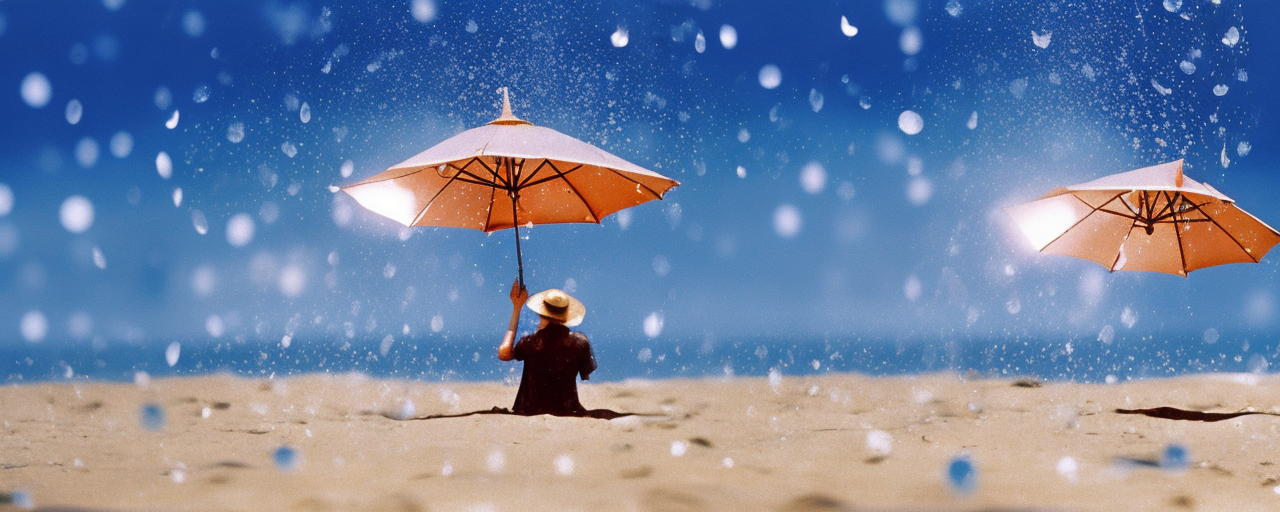 01166-2738294844-koyaanisqatsi, a person standing on a beach with a umbrella and a hat on their head and a blue sky in the background.png