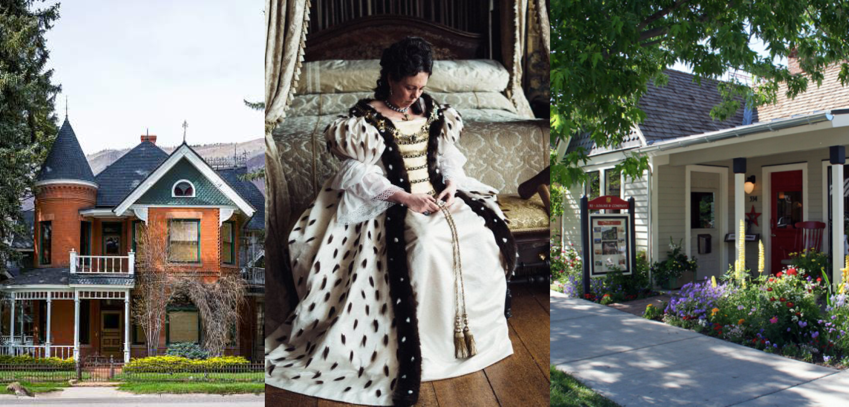 Left: Sardy House ($23M) Center: Olivia Coleman as Queen Anne in "‘The Favourite’ Right: a Queen Anne Cottage for sale.